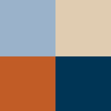 Burnt orange, beige, light grey-blue, dark/ navy blue Blue Orange Tan Living Room, Light Blue Burnt Orange Living Room, Burnt Orange And Blue Bedroom Ideas, Navy Blue And Light Orange Wedding, Navy Colour Pallette, Burnt Orange Blue Bedroom, Orange And Blue Decor Bedroom, Navy Blue And Orange Kitchen, Blue Orange Kitchen Ideas