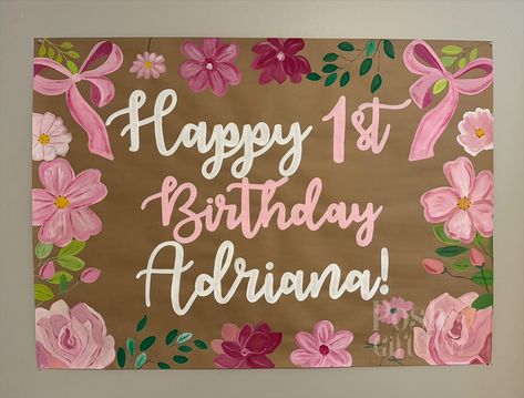 Pretty in pink for the sweetest first birthday! 🎀🌸 This custom hand-painted banner adds the perfect touch of girly charm! #paperbanners #custombanner #birthdaydecor #firstbirthday #1stbirthday Painted Banner, Diy Birthday Banner, Paint Font, Birthday Painting, Fall Banner, Sweet Sixteen Parties, Banner Birthday, Paper Banners, Happy 1st Birthdays