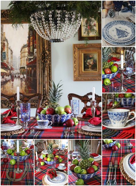 Blue Willow Christmas, Tartan Decor, Tartan Plaid Christmas, Antique Urn, Chinoiserie Christmas, Blue Christmas Decor, Christmas Dining Room, Liberty Blue, Plaid Decor