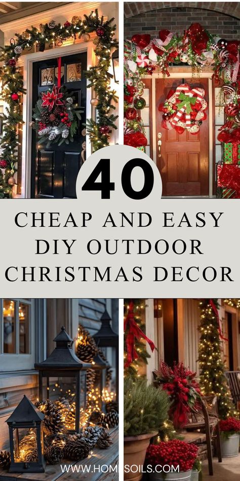 Discover 40 cheap and easy DIY outdoor Christmas decoration ideas to bring holiday cheer to your home. Use simple materials like lights, wreaths, and repurposed items to create festive displays without breaking the bank. Click here for creative tips and step-by-step guides! Outdoor Christmas Entryway, Country Christmas Decorations Outdoor, Back Patio Christmas Decor, Front House Christmas Lights, Outdoor Stairs Christmas Decor, House Christmas Lights Outdoor Ideas, Townhouse Outdoor Christmas Decor, Easy Christmas Porch Decorations, Ideas For Outdoor Christmas Decorations