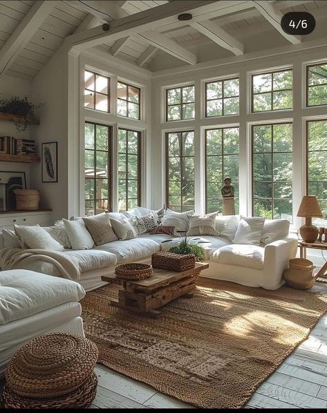 Large Cottage Interior, Cottage With Lots Of Windows, Cottage Living Room Designs, Rooms With Lots Of Windows, Large Window Homes, Big Farmhouse Living Room, Cottage House Living Room, Dream Country Home, Its Complicated House