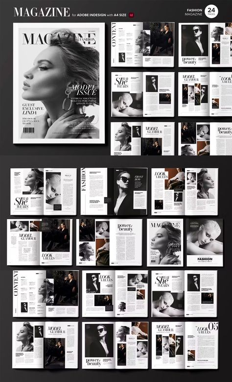 Fashion Magazine Template InDesign Book Magazine Design, Fashion Report Layout Design, Trendy Magazine Layout, Vogue Magazine Template, Cover Fashion Magazine, Vogue Magazine Design, Vogue Magazine Layout Design, Old Magazine Layout, Elegant Magazine Layout