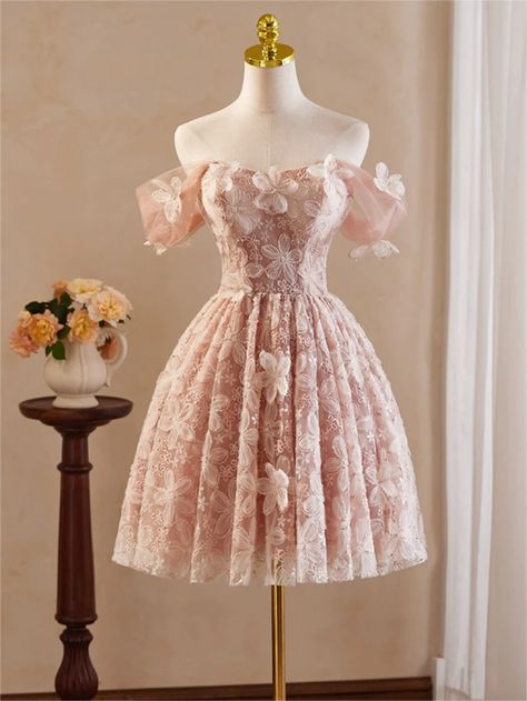 Homecoming Dresses,A-Line Off Shoulder Tulle Lace Pink Short Short Pink Quince Dress, Pink Fairy Dress Short, Dama Pink Dresses, Elegant Pink Dress Short, Light Pink Dama Dresses, Short Pink Wedding Dress, Pink Ruffle Dress Short, Pink Dama Dress, Pink Formal Dresses Short