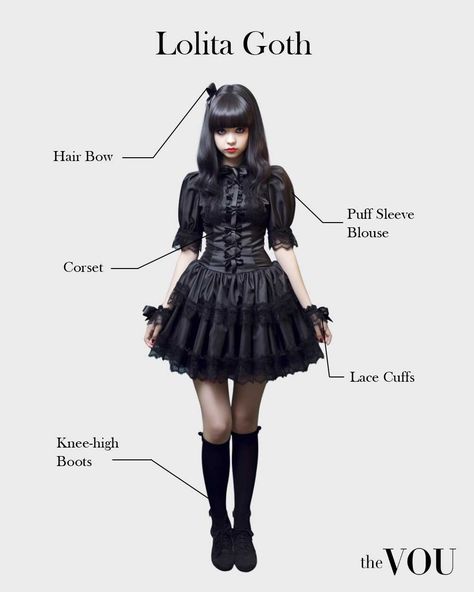 Gothic Lolita, GothLoli, Western Goth Fashion, Japanese Lolita Style, Polished, Cute, Conservative Appearance, Soft Feminine Makeup, Pink, Red, Brown Shades, Dark Colors, Black, Low to Mid-Height Mary Janes, Tea Party Shoes, Lace Umbrellas, Wigs, Knee-High Socks, Victorian-Era Details, Lace, Ribbons, Vintage, Nostalgic, Petticoats, Bloomers, Bell-Shaped Skirts, Dresses, Tailored Blouses, Frills, Buttons, Accessories, Bats, Coffins, Crosses, Rosaries, Top Hats, Headbands, Bows, Parasols Modern Aesthetic Fashion, Innocent Goth Aesthetic, Vintage Black Clothes, Vintage Goth Style, Goth Japanese Makeup, Gothic Cute Outfits, Goth Clothes Ideas, Japanese Gothic Fashion, Goth Tea Party Outfit