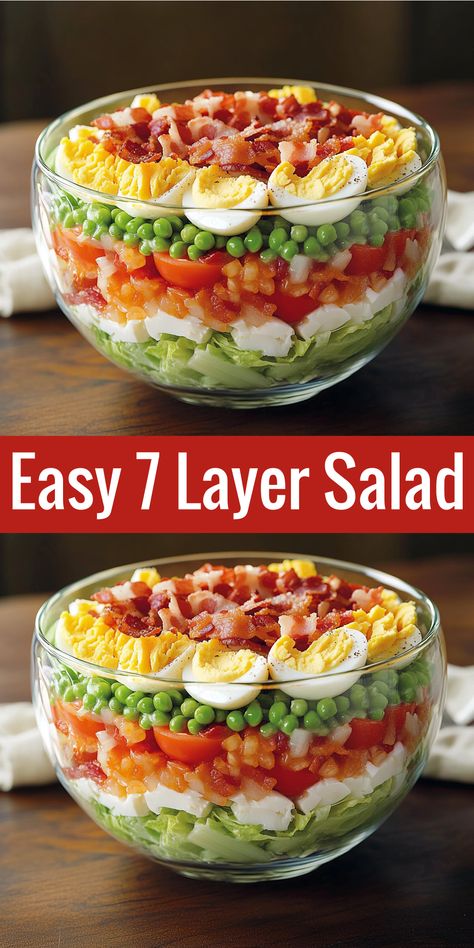 Try this easy 7 Layer Salad! Layers of fresh veggies, bacon, eggs, and cheddar cheese topped with a sweet mayo dressing. So simple and delicious! Seven Layer Taco Salad Recipe, 24 Hour Salad Recipe, Veggie Potluck Ideas, 7layer Salad Recipe Bacon, 7 Layer Salad With Cauliflower, 7 Layer Salad Recipe Classic, 7 Layer Salad Dressing, Make Ahead Salads For The Week, 7layer Salad