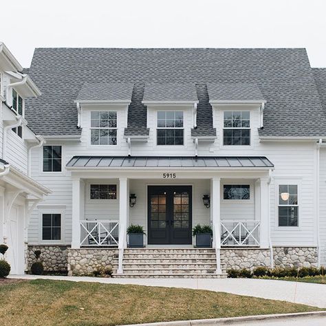 Modern white farmhouse with stone foundation White Exterior Windows, Modern Farmhouse Porch, Exterior Windows, Craftsman Style Bungalow, Modern Porch, James Hardie, Lap Siding, White Exterior, Modern Farmhouse Exterior