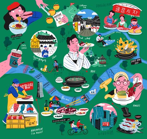 This is Seoul // Fare Magazine #4 on Behance Seoul Map Illustration, Event Map Illustration, Food Map Illustration, Creative Map Design, Map Art Illustration, Maps Illustration Design, Illustration Map, Food Illustration Design, Food Map