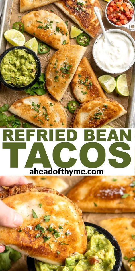 These Crispy Refried Bean Tacos made with crispy, golden-brown tortillas, perfectly seasoned refried beans, and a handful of your favorite garnishes will have you hooked! Made from scratch in less time than it takes to order takeout, you’ll want to make these again and again. All of the ingredients for these refried bean tacos are common pantry staples you probably already have on hand. | aheadofthyme.com #crispytacos #beantacos via @aheadofthyme Crispy Refried Bean Tacos, Ground Turkey Refried Beans Recipes, Fried Bean Tacos, Crispy Bean Tacos, Refried Beans Tacos, How To Use Refried Beans, Pinto Bean Tacos, What To Make With Refried Beans, Recipes Using Refried Beans