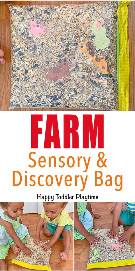 Farm Sensory & Discovery Bag - HAPPY TODDLER PLAYTIME Create a super fun discovery sensory bag for your toddler using their favourite farm puzzles pieces. It’s an amazing way to learn animals and the sounds they make. #toddleractivity #sensoryactivity #kidsactivity