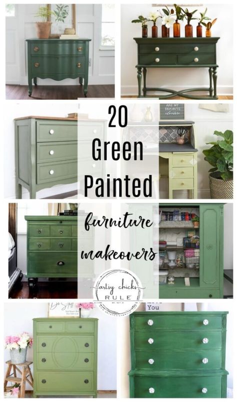 Green Diy Furniture, Refinished Green Furniture, Olive Chalk Paint Furniture, Green Repurposed Furniture, Ideas For Painting Furniture, Best Green Paint For Furniture, Refurbished Painted Furniture, Green Furniture Makeover, Green Painted Nightstand