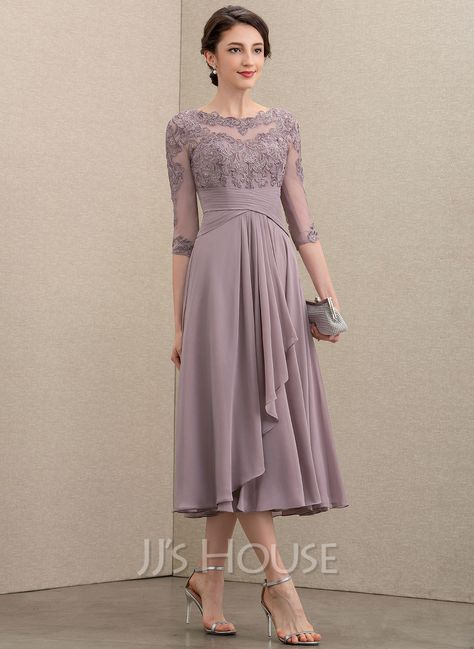 A-Line Scoop Neck Tea-Length Chiffon Lace Mother of the Bride Dress With Cascading Ruffles (008195412) - JJ's House Cascading Dress, Lace Tea Length Dress, Bride Dress Lace, Chiffon Lace Dress, Lace Bride, Cascading Ruffles, Two Piece Homecoming Dress, Dresses Chiffon, Lace Homecoming Dresses