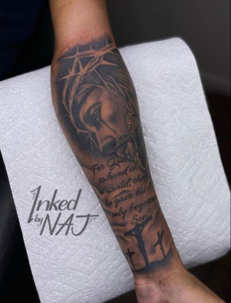 Men’s Forearm Tattoos Sleeve, I’m God We Trust Tattoo, Cool Tattoos For Guys Unique Arm, Top Of Forearm Tattoo Men, Fill In Tattoo Ideas Sleeve Men, Bible Verse Tattoos For Men Arm, Inside Forearm Tattoos, Tattoo Ideas For Men God, Rest In Peace Tattoos For Men