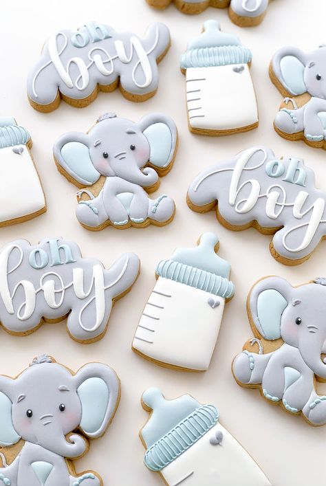 Cookies For Baby Shower Boy, Elephant Boy Baby Shower Theme, Baby Boy Elephant Shower Ideas, Little Peanut Baby Shower Ideas, Elephant Treats, Little Peanut Baby Shower Boy, Dumbo Baby Shower Ideas, Blue Baby Shower Cookies, Elephant Baby Shower Cookies