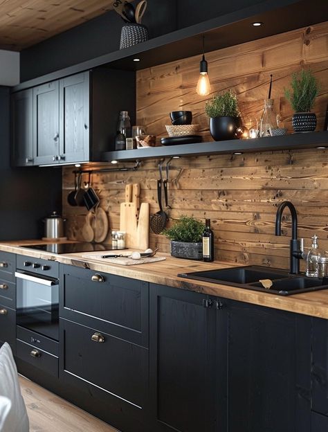 Black One Wall Kitchen, Nice Kitchen Aesthetic, Black Cabinets Granite Countertops, House Interior Industrial, Black Country House Interior, Big Cottage Kitchen, Black Cupboards Butcher Block Counter, Modern Remodel Ideas, Black Homes With Wood Accents