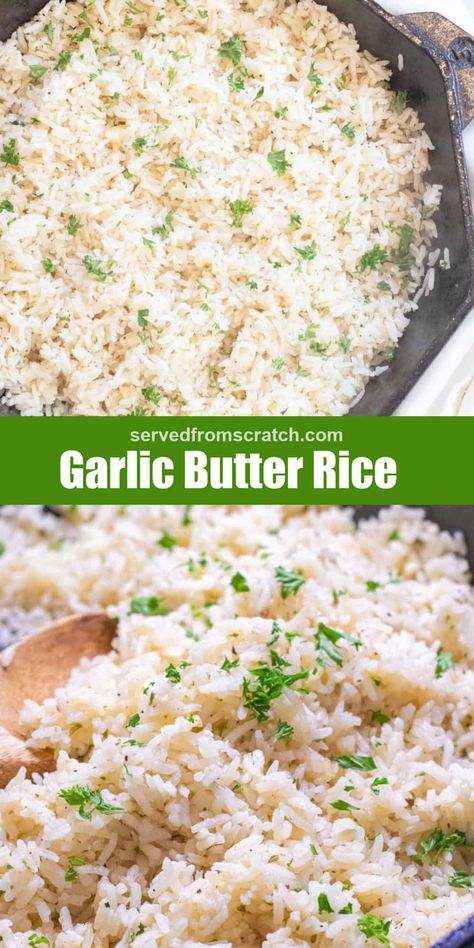 A simple and delicious rice recipe that can be made in just 25 minutes! Our Garlic Butter Rice is so fluffy and flavor-packed, that you'll be surprised at how easy it is to make! Roasted Garlic Rice, Creamy Garlic Rice, Rice Recipe For Fish, Flavored White Rice Recipes, Butter Garlic Rice Recipe, Baked Butter Rice, Best Rice Recipes Simple, Bone Broth Rice Recipe, Season Rice Recipes