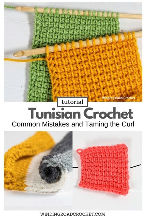 How to Tunisian Crochet - Lesson 2 Common Mistakes - Winding Road Crochet How To Stop Tunisian Crochet Curling, Tunisian Crochet Tips, How To Keep Tunisian Crochet From Curling, Tunisian Crochet Shawl Patterns Free, Tunisian Patterns, Tunisian Crochet Free, Winding Road Crochet, Crochet Curls, Tunisian Crochet Blanket