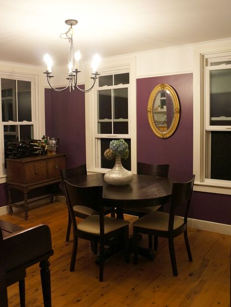 Dining Done — Copper Dot Interiors Swagged Chandelier Over Table, Plum Dining Room, Antique Liquor Cabinet, Purple Dining, Purple Dining Room, Doorbell Cover, Painted Pianos, Swag Chandelier, Loud And Clear