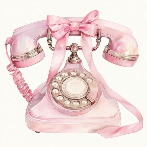 Coquette phone electronics dial telephone smoke pipe. | premium image by rawpixel.com / Ning Pink Painting Aesthetic, Coquette Table, Coquette Watercolor, Pink Telephone, Circle Clipart, Chanel Art, Bow Wallpaper, Pink Painting, Vintage Telephone