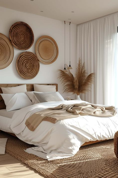 Boho Bed Headboard, Neutral Bedroom Ideas White Furniture, Boho Bedroom Gray, Beige And Wood Bedroom, Boho Bed Frame Ideas, Bedroom Ideas With Wallpaper, Small Modern Bedroom Ideas, Rattan Bedroom Decor, Beige Bedroom With Plants