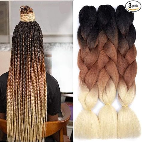 FANWYFYU Ombre Braiding Hair, 3Pack/Lot Ombre Braiding Hair Extensions High Temperature Synthetic 24inch Pre Stretched Braiding Hair,for Box Braids Braiding Hair (Black-Brown-Blonde) : Amazon.co.uk: Beauty Expression Braiding Hair, Expression Braids, Brown Box Braids, Ombre Box Braids, Ombre Braiding Hair, Braiding Hair Colors, Colored Box Braids, Kanekalon Braiding Hair, Jumbo Braiding Hair