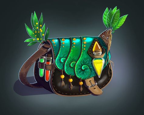 Alchemist's bag, Alena Ivanova on ArtStation at https://www.artstation.com/artwork/KX5Ry Alchemist Rpg, Magic Elements, Animated Clothes, Fantasy Map Making, Antler Crafts, Cottage Witch, Magic Bag, Magic Props, Dnd Dragons