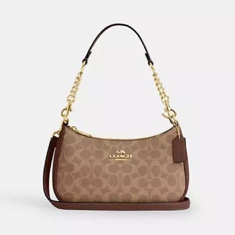 Coach Teri Shoulder Bag in gold/tan/brown Coach Canvas Bags, Tan Coach Bag, Brown Coach Shoulder Bag, Teri Coach Bags, Coach Bag Big, Coach Bag Brown, Coach Teri Shoulder Bag, Couch Bag, Brown Coach Bag