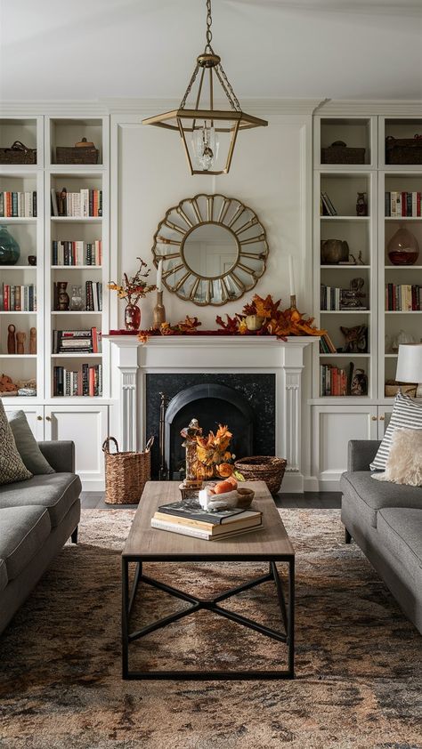 Enhance your fireplace with these built-in bookcase ideas, perfect for adding seasonal fall décor to your living room! Bookshelves Around A Fireplace, Living Room Built Ins Corner Fireplace, Vintage Fireplace With Built Ins On Both Sides, Sitting Room Fireplace Ideas, Fireplace Library Bookshelves, Fireplace With Bookcases On Each Side, Built In Bookcase Fireplace, Bookshelves By Fireplace, Bookshelf Next To Fireplace