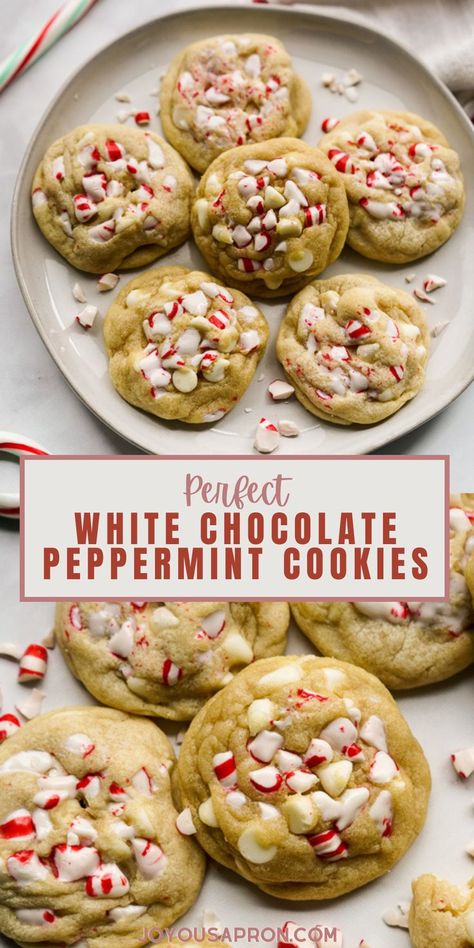 White Chocolate Peppermint Cookies - easy and festive Christmas cookies for your holiday baking needs! Soft, thick and chewy cookies filled with white chocolate chips and peppermint pieces. Fun dessert for holiday parties, cookie exchange and more! Gluten Free White Chocolate Peppermint Cookies, White Choc Peppermint Cookies, Holiday Peppermint Cookies, Cookie Recipes Peppermint, White Peppermint Cookies, White Chocolate Chip Candy Cane Cookies, White Chocolate And Peppermint Cookies, Peppermint White Chocolate Chip Cookies, Peppermint Chip Cookies Recipe