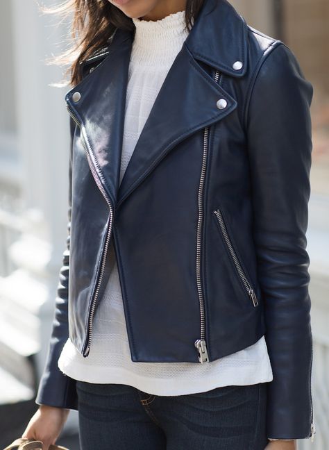 Navy Leather Jacket Outfit, Blue Leather Jacket Outfit, Navy Blue Leather Jacket, Motorcycle Jacket Outfit, Womens Leather Jacket Outfit, Navy Leather Jacket, Leather Jacket Biker, Blue Motorcycle, Leather Clothes