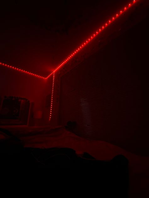 Light Led Room, Red Lights Bed, Red Lights In Bedroom, Black Room Led Lights, Fifty Shades Grey Aesthetic Red Room, Black Room Red Lights, Bedroom With Red Led Lights, Dimly Lit Bedroom, Room With Red Led Lights