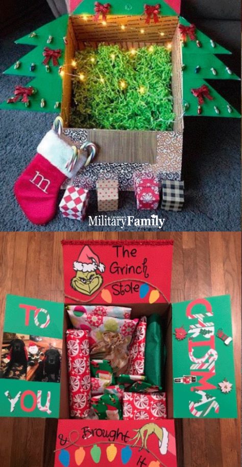 Deployment Christmas Card, Deployment Christmas Care Packages, Holiday Care Package Ideas, Christmas Deployment Box Ideas, Christmas Deployment Care Packages, Christmas Care Package Military, Christmas Box Gift Ideas, Christmas College Care Package, Military Christmas Care Package