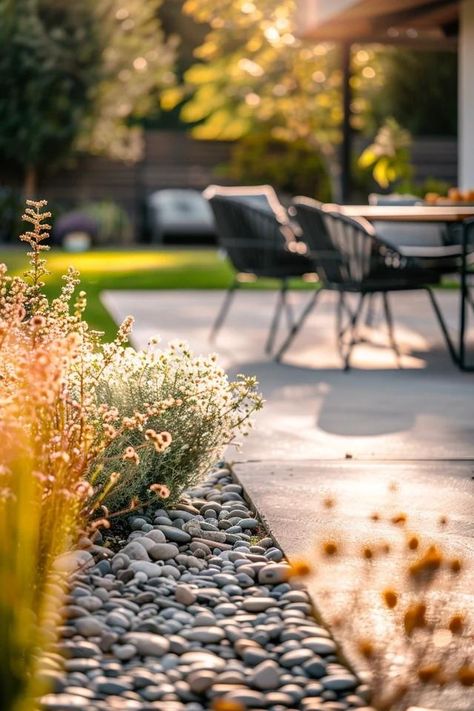 Concrete Patio Border - Creative Ideas for Your Yard Patio Border Ideas Landscape Edging, Concrete Patio Transition To Yard, Concrete Patio With Stone Border, Crushed Concrete Landscaping, Pavers To Extend Concrete Patio, Concrete Patio Landscaping Ideas Border, Concrete Patio Border Ideas, Landscaping Around Cement Patio, Concrete Patio Edging Ideas