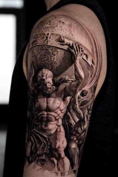 Greek Mythology Tattoo Ideas For Tattoo Lovers (With Examples!) - Tattoo Stylist Greek God Shoulder Tattoo, Collarbone Tattoo Men Ideas, Marcus Aurelius Tattoo Sleeve, Greek Gods Tattoos, Mythology Tattoos Greek, Tattoos Greek Mythology, Mythology Tattoo Ideas, Greek Mythology Tattoo Ideas, Tattoos Greek