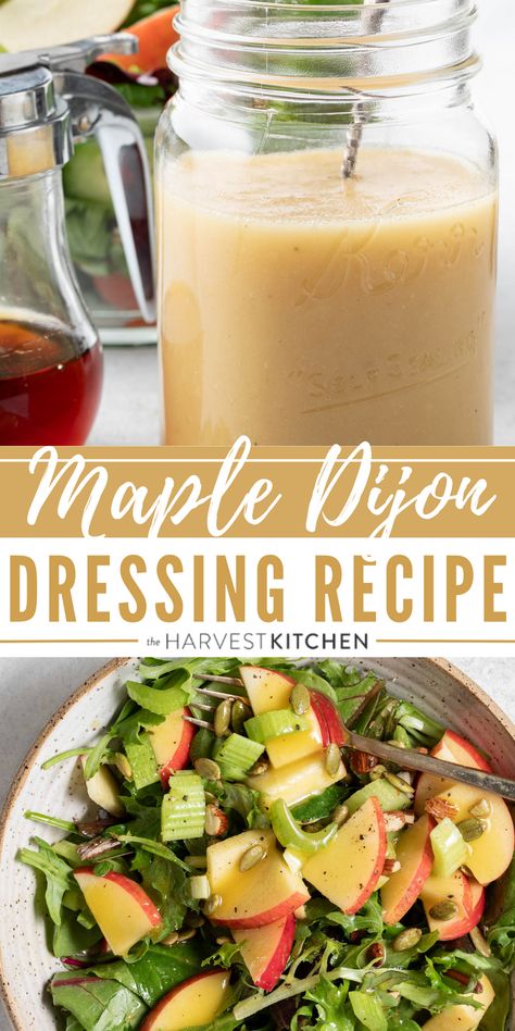 This homemade Maple Vinaigrette recipe is one of my favorite homemade salad dressing recipes to make.  It’s made with Braggs apple cider vinegar, pure maple syrup, Dijon mustard and olive oil. This maple dijon vinaigrette has a completely addictive flavor and its especially great with mixed greens or arugula tossed with fruit, nuts and cheese (goat or feta). Fall Salad Maple Vinaigrette, Easy Salad Vinaigrette, Maple Vinegar Dressing, Best Fall Salad Dressing, Cranberry Salad Dressing Vinaigrette, Cooking With Vinegar Recipes, Apple Cider Dijon Mustard Vinaigrette, Maple Apple Cider Vinegar Dressing, Apple Cider Maple Vinaigrette