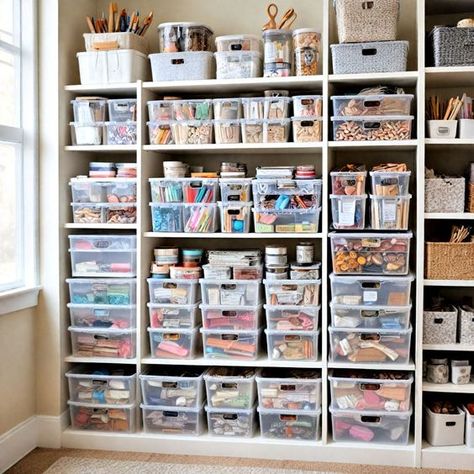 Arts Craft Storage, Sophisticated Craft Room, Cabinets For Craft Room, Craft Shelf Organization Ideas, Craft Rooms In Small Spaces, Craftroom Storage Ideas Shelves, Arts And Crafts Storage Ideas, Basement Craft Room Ideas, Craft Space Ideas Workspaces