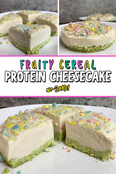 Fruity Pebbles Protein Powder Recipes, Macros Desserts, Protein Mix Recipes, Fruity Pepples, Macro Desserts, Fruity Pebble Cheesecake, Fruity Pebbles Treats, Protein Dessert Recipes, High Protein Cheesecake