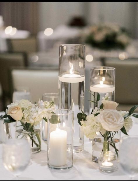 Candles Centrepiece Wedding, Civil Wedding Centerpieces, 3 Candle Centerpiece, Candle And White Flower Centerpiece, Candle Floral Centerpieces, Candles On Table Wedding, Candle Centrepiece For Wedding, Classic Centerpieces Wedding, Wedding Floating Candle Centerpieces