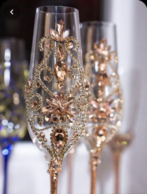 These stunning jewel embellished champagne glasses fit any occasion with class and style Engraving is available Galaxy Wedding, Hacienda Wedding, Quince Invitations, Wedding Flutes, Dream Wedding Decorations, Hand Painted Glasses, Table Setting Decor, Toasting Flutes, Wedding Toasts