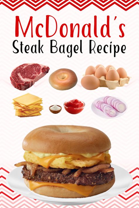 Steak, egg, and cheese on a toasted bagel - the ultimate breakfast sandwich! This McDonald's copycat recipe is calling your name. #breakfastsandwich #foodie" Steak Bagel Recipe, Steak And Cheese Bagel, Mcdonald's Steak Bagel Sauce, How To Make Mcdonald’s Bagel Sauce, Copycat Steak Egg And Cheese Bagel, Mcdonald’s Steak Egg And Cheese Bagel Sandwich, Steak Bagel, Mcdonald's Steak Egg And Cheese Bagel, Steak Egg And Cheese Bagel