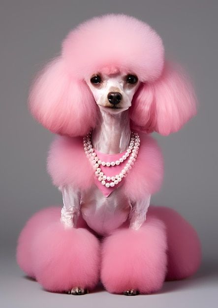 Premium Photo | Stylish Poodle in Pink with Pearls Poodle With Bows In Hair, Funny Poodle Pictures, Poodle Accessories, Poodle Party, Poodle Mom, Puppy Grooming, Puppy Cut, Poodle Grooming, French Poodles