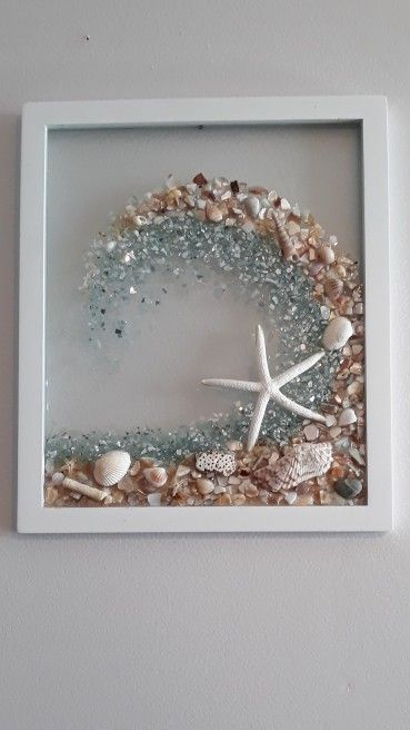 Seaglass Art Beach Theme, Relaxed Coastal Bedroom, Displaying Seashells In Jars, Classy Beach Home Decor, Ocean Shells Crafts Ideas, Diy Ocean Decor Sea Theme Wall Art, Art With Shells Seashells Diy Ideas, Shell Wave Art, Crafts Using Crystals