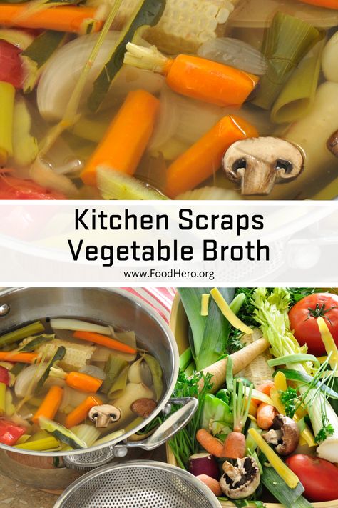 Get the most out of your food scraps and reduce waste by making your own vegetable broth! You can save money by making your own broth with scraps of most any fresh or frozen vegetables. You can also add  herbs and spices for a more flavorful broth. Vegetable Broth From Scraps, Healthy Broth, Cooking Beans, Homemade Vegetable Broth, Cooking Grains, Vegetable Scraps, Kitchen Scraps, Zero Waste Kitchen, Vegetable Broth