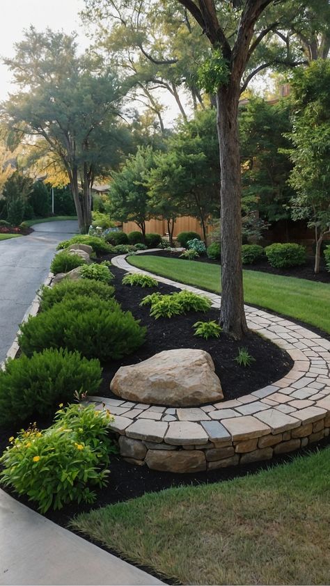 Design a tranquil Zen garden with sand, rocks, and minimalistic plants like bamboo or bonsai. Different Driveway Ideas, Landscaping Near Driveway, Side Driveway Landscaping Ideas, Sloping Driveway Landscaping, Garden Next To Driveway, Business Landscaping Ideas, Small Driveway Landscaping, U Driveway Ideas Front Yards, Driveway Island Landscaping Ideas