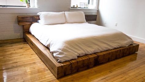 reclaimed oak beam bed Wood Beam Bed, Wood Beam Bed Frame, Wooden Base Bed, Beam Bed Frame, Beam Bed, Homemade Bed Frame, Reclaimed Wood Bed Frame, Homemade Beds, Rustic Bed Frame