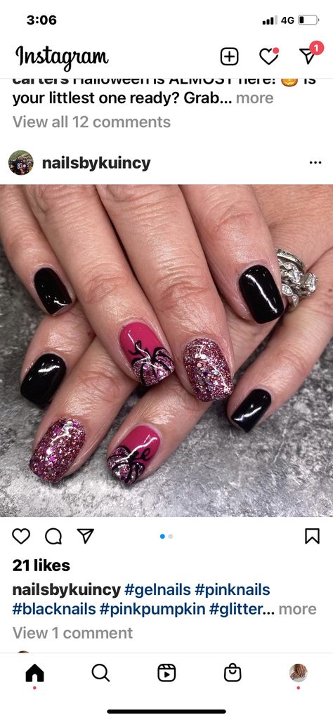 Black And Pink Fall Nails, Pink October Nails, Pink Pumpkin Nails, Black Halloween Nails, Pink Glitter Nails, October Nails, Pink October, Pumpkin Nails, Pink Pumpkins