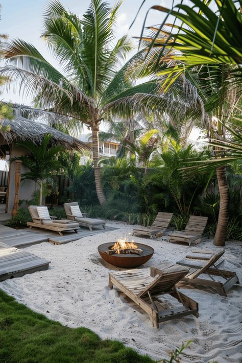 beach fire pit for your backyard with sand and palm trees Sand Pit Backyard, Beach Sand Backyard Ideas, Sand In Backyard, Beach Yard Landscape, Beach Backyard Landscaping, Tropical Fire Pit, Garden Beach Ideas, Beach Yard Ideas, Backyard Wellness Area