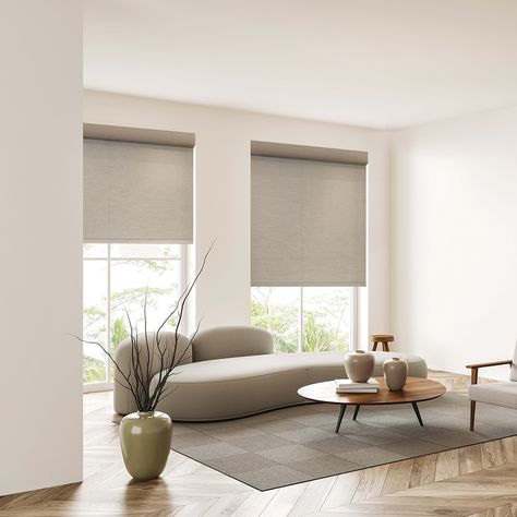 Let softly diffused sunlight fill your home with Veneta Designer Light Filtering Roller Shades. Choose from a wide variety of colors and patterns to match your décor or create something new. Cordless options help create a safe environment - ideal for homes with kids or pets. Unlike traditional roller shades that can be frustrating to adjust exactly where you want them – Veneta roller shade systems move freely and easily to any position you want. Choose from Sheer, Light filtering, and Natural fa Great Room Window Treatments, Scandinavian Window Shades, Blinds For Modern Home, Living Room With Roller Shades, Family Room Shades Window Treatments, Mid Century Modern Window Coverings, Motorized Window Treatments, Blinds With Curtains Living Rooms, Living Room Roller Blinds