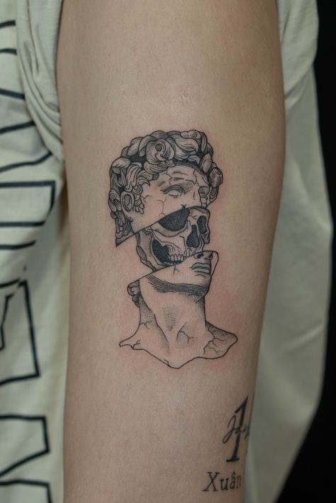 David X Skull tattoo by FARM Apollo Tattoos, Children Of Zeus, Apollo Tattoo, Small Thigh Tattoos, Thigh Tattoo Men, David Tattoo, Apollo Greek, Greek God Tattoo, Greek Pantheon