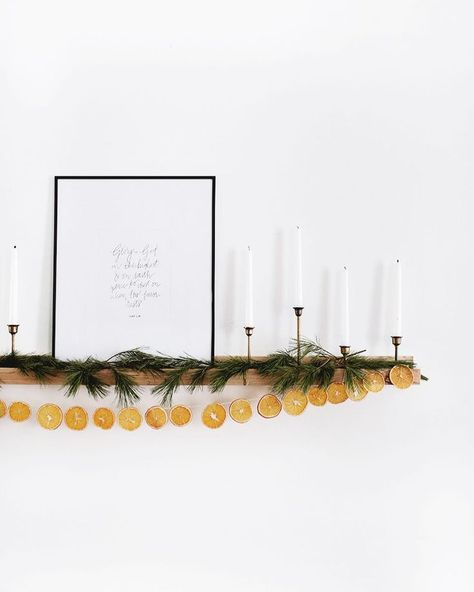 Love this orange and evergreen garland combination for holiday decorating. Evergreen Garland, Navidad Natural, Hantverk Diy, Floating Shelf Decor, Diy Christmas Garland, Natural Christmas Decor, Holiday Mantel, Navidad Diy, Natural Christmas