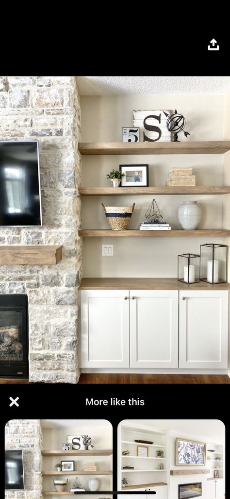 Open Shelves Next To Fireplace, Half Built Ins Fireplace, Fireplace With Low Built Ins On Both Sides, Built In Side Of Fireplace, Built In Bookshelves Living Room Fireplace, Diy Shelves By Fireplace, Art On Sides Of Fireplace, White Fireplace Built In Shelves, Living Room Cabinets With Floating Shelves